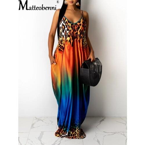 Leopard Gradient Long Dress For Women Color Spaghetti Strap Sleeveless Maxi Dress Ladies Boho Casual Loose Cami Dress