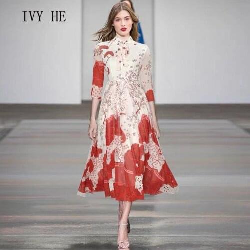 IVY HE High Quality Summer Dress Woman Clothing Vintage Three Quarter Print Princess Midi Long Dress Traf Robe ZA Party Dresses