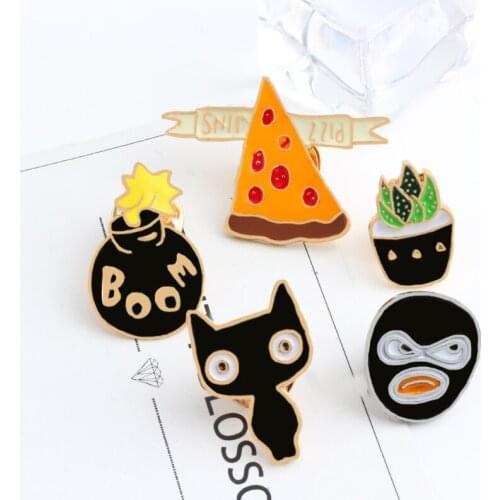 Denim Lapel Button Badges BOOM Pizza Cat Cactus Robber Unique Cartoon Brooches Pins Enamel Metal Pin Women Men Jewelry Kid Gift