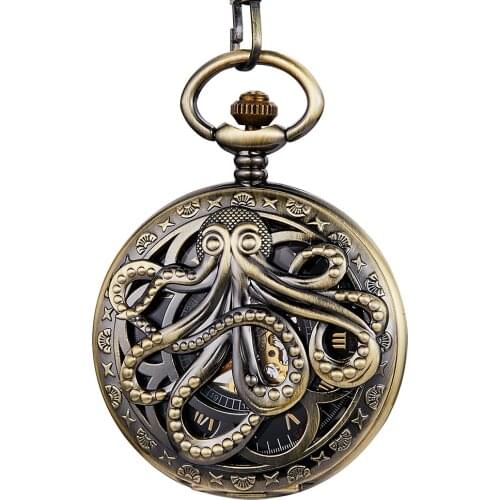 Gold Bronze Mechanical Pocket Watch Hollow Octopus Hand Wind Mechanical Watch Fob Chain Unique Skeleton Steampunk Clock reloj