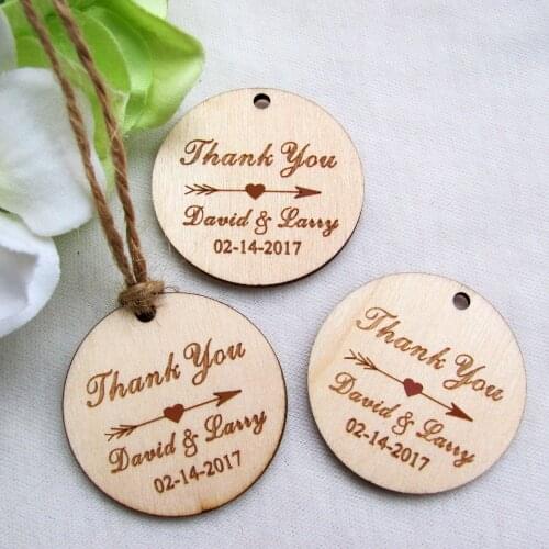 200pcs Personalized Engraved "Thank You" Wedding Tags Round Circle Wooden Hang Tags Rustic Wedding Bridal Shower Favors Tag 39mm