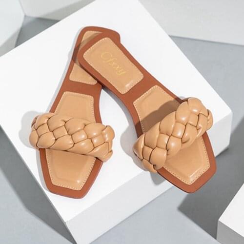 2021 Summer Women Fashion Weave Slipper Flat Heel Slip On Slides Casual Outdoor Beach Flip Flops Peep Toe Ladies Home Slipper Sh