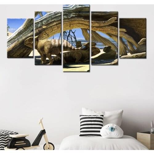 5 Panel Jurassic Horror Triceratops Art Print Poster Safari Animal Picture Canvas Painting Childrens Room Home Decoration