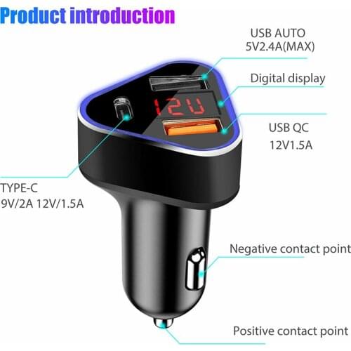 Type C USB Car Fast Charger Featuring Three Ports And LED Light Compatible With Mobile phone Tablet Automobile Data Recorder