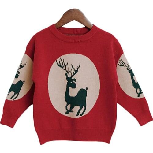 Kids Winter Sweater Boys Girls Knitted Sweater Reindeer Printed Clothes Christmas Children Sweater Red 2-7Y GW129