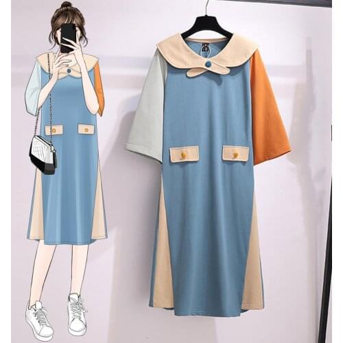 EHQAXIN Large Size Womens Summer New Style Cotton Dress With Color Matching Age Reduction Loose Thin Fashion Dresses L-4XL