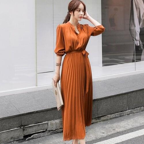 Elegant single-breasted womens pleated skirt long sleeve thin waist A- line dress casual womens dress 2021 new spring and autu