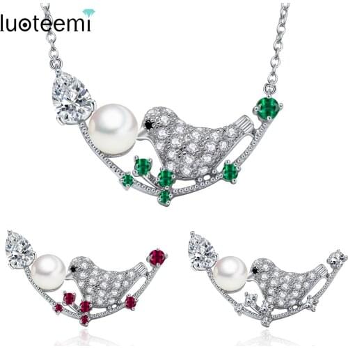 LUOTEEMI Brand Hot Selling New Vintage CZ Crystal Magpie Animal Pendant Necklace Chain Birds Imitation Pearl Drop Necklaces