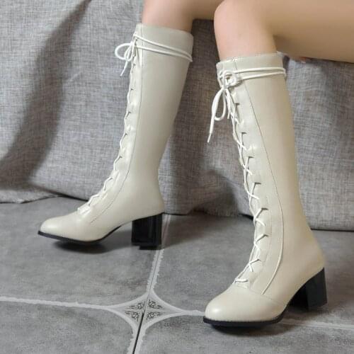 Fashion Zipper Ladies Knight Boots Autumn Winter Cross Tied PU Knee High Boots Female Thick High Heel Round Toe Womens Shoes