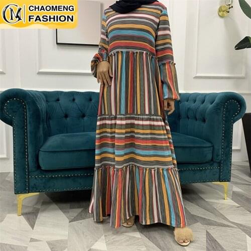 New Stripe Long Sleeve Loose Design Islamic Clothing Casual Muslim Dresses For Women Abaya Dress Middle East Kaftan Fashion