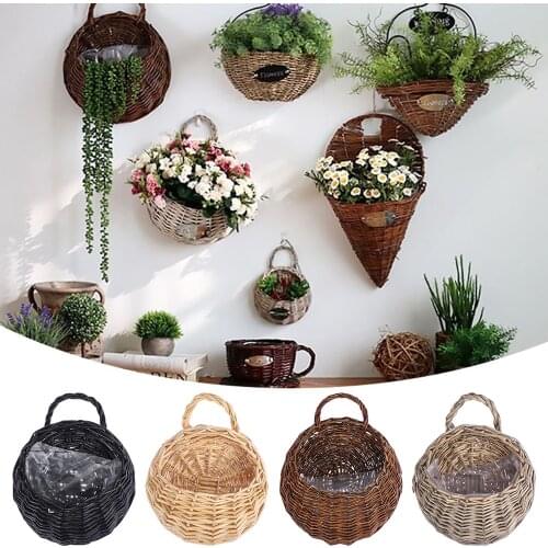 Wall Hanging Handmade Wicker Rattan Flower Basket Green Vine Pot Planter Hanging Vase Container Wall Plant Basket For Garden