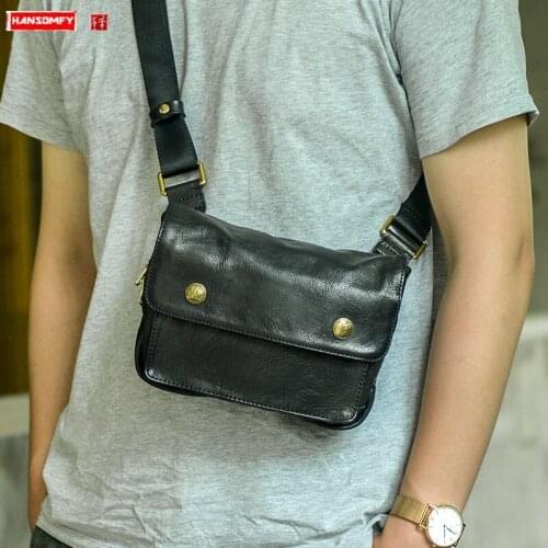 New Designer Black Leather Men Messenger Bag Original Casual Chest Bag Purses Cowhide Leather Mini Crossbody Bags