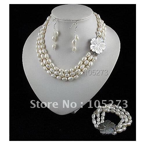 Charming!jewelry set 3rows AA 7-8MM White color Genuine freshwater pearl necklace bracelet earring Hot sale free shipping A2388