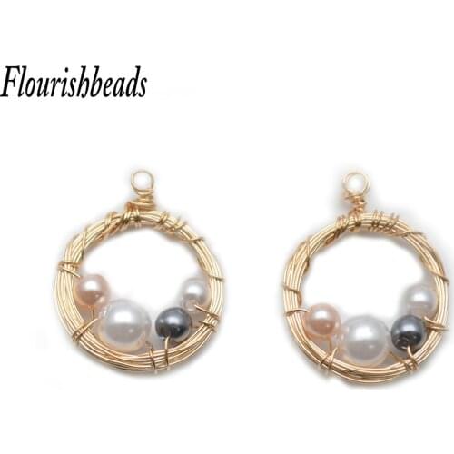 Gold Color Natural Pearl Ring Shape Wind Copper Wire Pendant Fit Necklace Earrings Woman Diy Trendy Jewelry Making