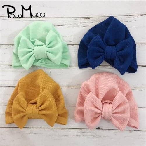 Powmuco Solid Color Big Bowknot Baby Girls Hats Comfortable Newborn Turban Fashion Handmade Bows Headwear Infant Holiday Gifts