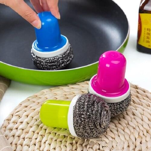 New Utility Stainless Steel Wire Ball Brush with Long Handle Cleaning Brush for Kitchen Hanging Strong Cleaning Tools
