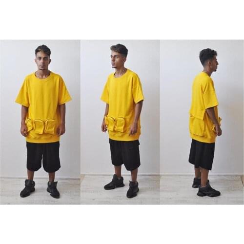 Tactical Front & Back Pockets Sweater Oversized Short Sleeve Pullover / Hong Kong Street Fashion / Mens Punk Casual Overlong T