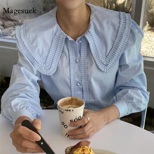 Spring Women Doll Collar Shirt French Retro Pleated Lantern Sleeve Blouse Loose Buttons Solid Vintage Tops Blusas Mujer 13792