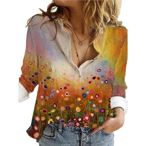 Womens Shirt Floral Print Long-sleeved Button-down Clothing Colorful Lapel Blouse Novel Tops Large size Elegant Female clothes