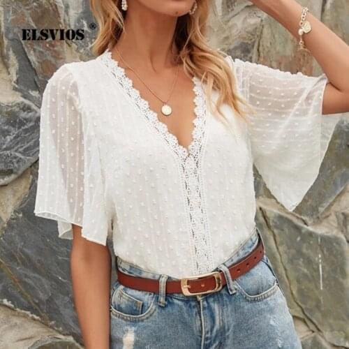 Summer Women Fashion New Chiffon Sexy V Neck Lace Patchwork Tops Casual Ruffled Short Sleeves Solid Color Elegant Slim Pullover