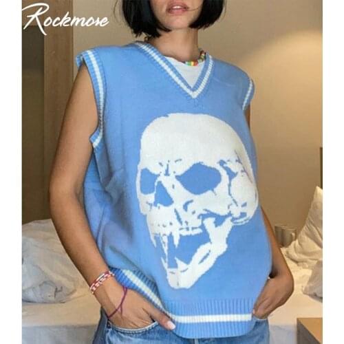 Rockmore Skull Printed Womens Sweater Vest Y2K Plus Size Aesthetic Plullovers Jumpers 90S Oversized Cardigans Streetwear Autumn