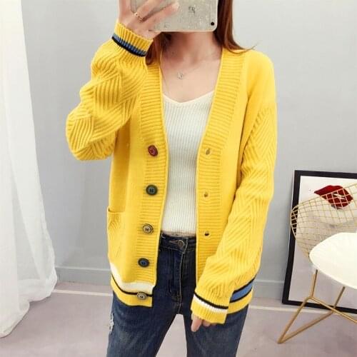 Spring Autumn Women Cardigan Sweater V-neck Pocket Sweater Women Knitted Jacket Loose Long Sleeve Tops