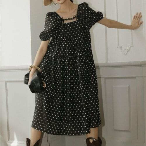 High Quality Women Cute Dress Puff Sleeve Polka Dot Black Dress Female Summer Long Dress Dating Outfit Vestidos