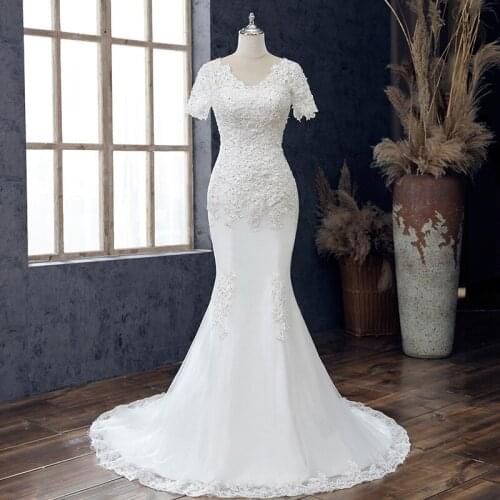 2021 New Light Wedding Dress V-neck Lace Mermaid Wedding Dress Short Sleeve Bridal Dress With Court Train Vestido De Noiva