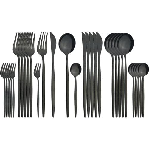 30Pcs Mirror Black Cutlery Set Western Knives Fruit Cake Forks Small Coffee Spoons Dinnerware Stainless Steel Party Flatware Set