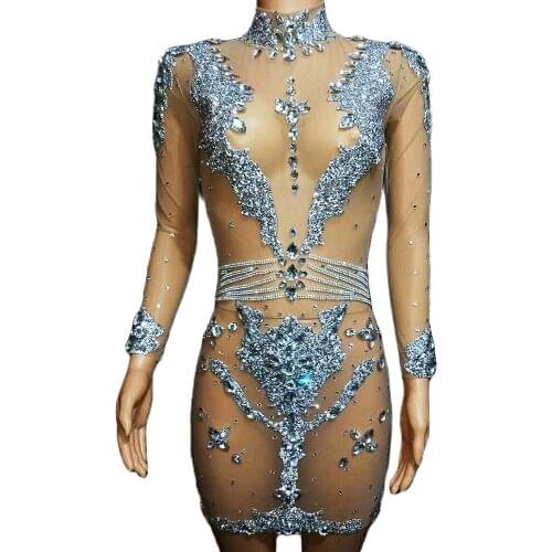 Shining Daimonds Net Yarn Transparent Women Dresses Tight Stretch Short Dresses Nightclub Performance Dancing Party Outfits