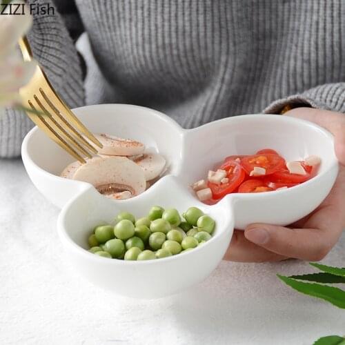 Pure White Ceramic Snack Bowl Sauce Seasoning Bowl Creative Triple Bowl Dried Fruit Chicken Rice Flower Fries Assortment Decor