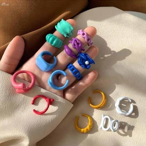 AOMU Korea Summer Fashion Colorful Ring Set Geometric Acrylic Enamel Round Irregular Open Rings for Women Party Jewelry Ring Set