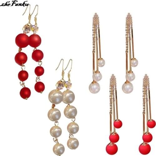 Korean Fashion Temperament Elegant Red Pearl Tassel Drop Earrings For Women Girl Party Jewelry Gift