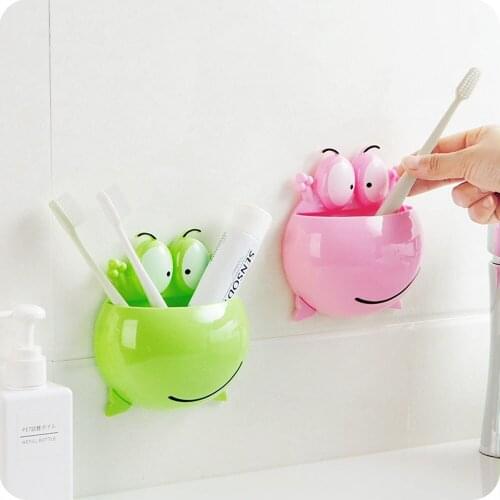 Creative Cute Cartoon Strong Powerful Suction Cup Frog Wall Toothbrush Holder Stand Toothpaste Brush Box Bathroom Products PVC