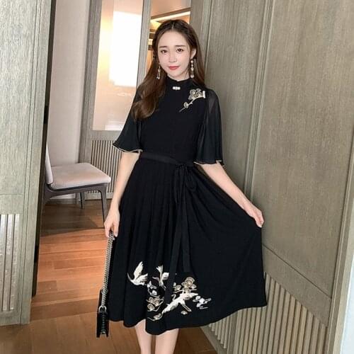 Dresses Summer 2020 Black Chinese Dress Qipao Cheongsam Embroidery Elegant Oriental Dress Chiffon Ao Dai Vietnam Dress TA1985