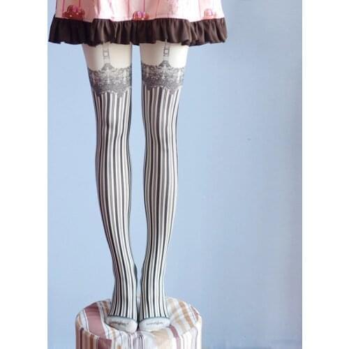 Japanese-style Sweet Gothic-Style Stripes Silk Stockings Lolita Punk Patyhose Students Fake Camisole Lace Printing Socks