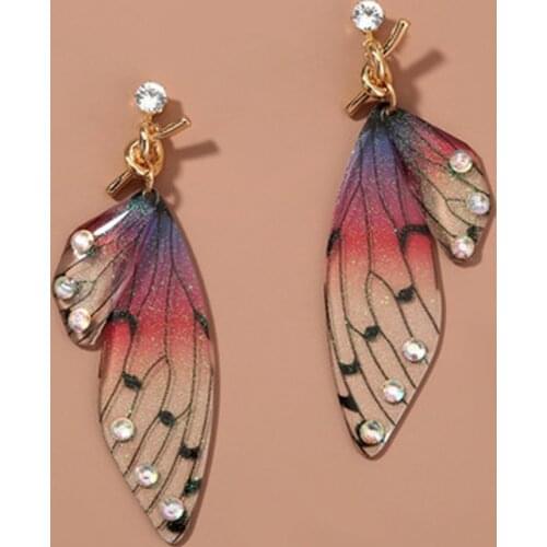 Minar Fantasy Neon Color Rhinestone Cicada Wings Earrings Trendy New Butterfly Gradient Pink Blue Sequins Long Drop Earrings