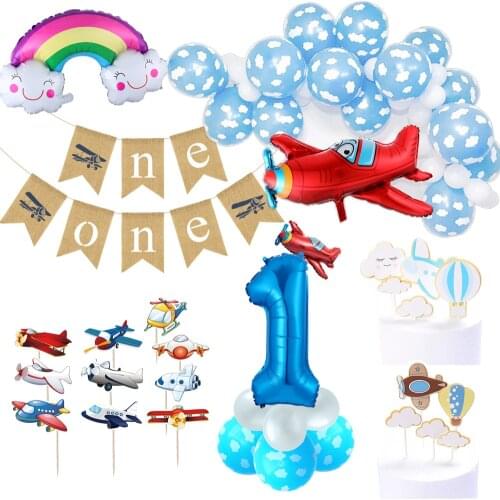 1 set airplane cloud theme party latex globos 30inch foil number ballons stand column set baby shower birthday party decorations