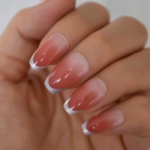 Ombre Pink Silver French Ballerina Coffin False Nails Gradient Manicure Press on Daily Office Finger Wear Ballet Fake Nails Tips