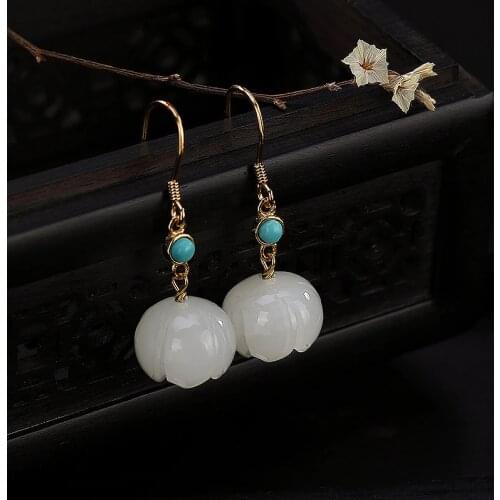 Natural 925 sterling silver mosaic turquoise white hetian lotus jade earrings simple temperament women jade earrings