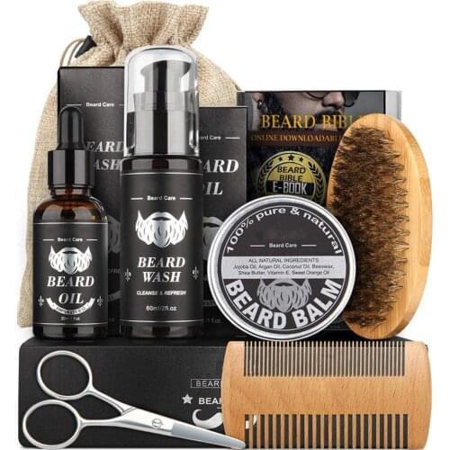 Natural Beard Growth Kit Men Shampoo Wash Conditioner Growth Oil Balm Softener Double-sided Comb Bristle Brush Scissors