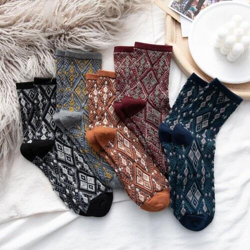 Socks Womens Tube Socks Autumn And Winter Ethnic Style Palace RetroThree-Dimensional Diamond Lattice Mori Women Combed Cotton W