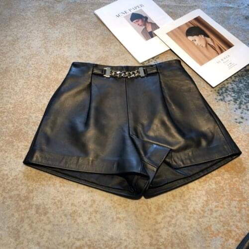 Women Shorts 100% Sheepskin Genuine Leather 2021 Fashion Female Short Design A Real Slim Hip Elastic Waistband H610