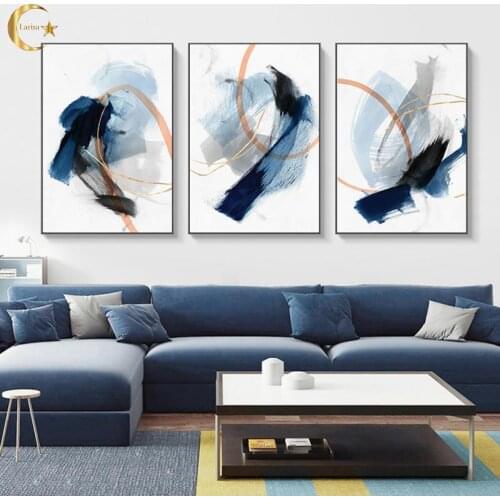 Modern Abstract Blue Splash Ink Drawing Brushed Textile Canvas Painting Poster Print Wall Art Picture for Living Room Home Decor