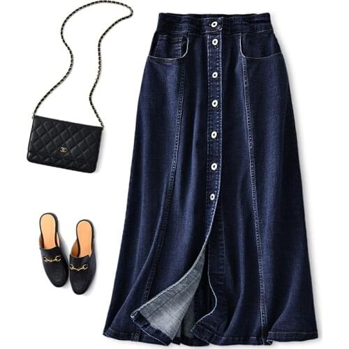 SHUCHAN Long Skirts for Women Cotton A-LINE Button Ankle-Length Empire Casual Denim Korean Style Skirts Womens 2021 Fall
