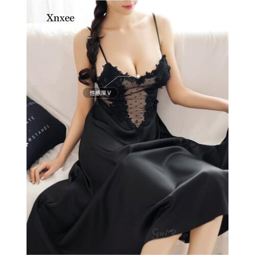 Nighttie Bodycon Sexy Sleepwear Satin Perspective Lace Splicing V Neck Backless Sling Midi Dress Womens Nightdress Underwear