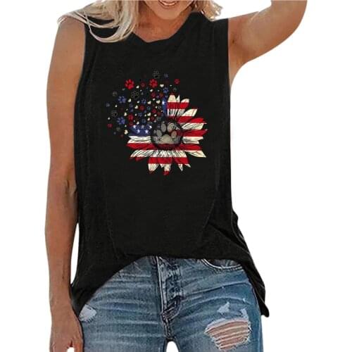 Women Fashion Casual Round Neck Short Sleeve Solid Color Colorful Sunflower Scattered Flowers Pinting Independence Day T-Shirt