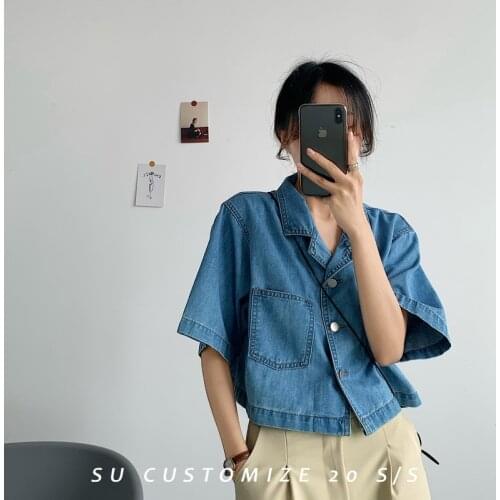 Womens Shirt Blue Blouse Clothing Tops 2021 Turn Down Collar Short Denim Blouses Shirts Haut Chemise Femme Sexy Summer Autumn