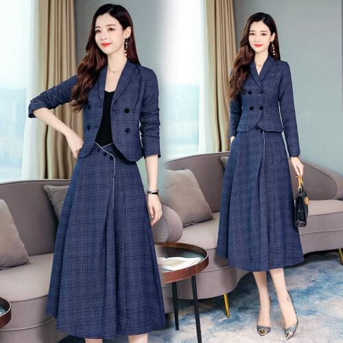 Plaid Woolen Skirt Suits Women 2020 Early Autumn Slim Short Blazer And Long Skirt Fashion Two-piece Set Formal Workwear K1238