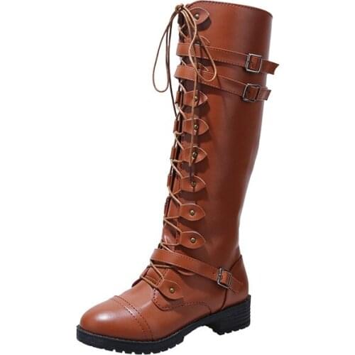 Knee High Women Boots Autumn woman shoes Winter Lace Up Vintage Flat Shoes Sexy Steampunk Leather Retro Buckle Ladies Snow Boots